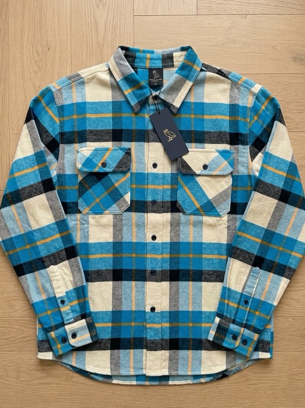 NWT OVO October's Very Own Plaid Flannel Button-Up Shirt - Blue/Cream - Medium